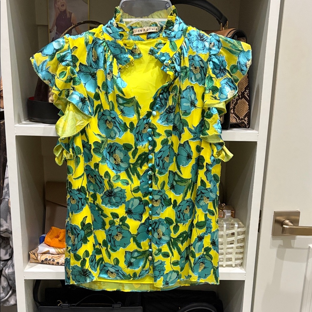 Alice + Olivia Jordana Vibrant Yellow and Blue Floral Blouse.